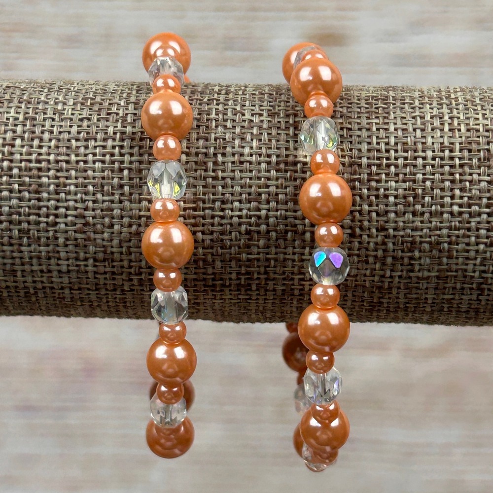 Peach Faux Pearl and Iridescent Crystal Bead Stretch Bracelet Set of 2